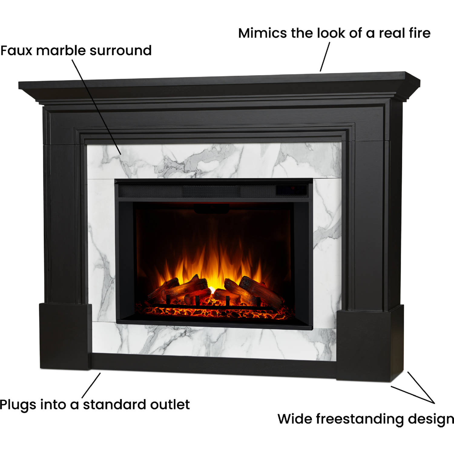 Real Flame 8240E-BLK Merced Grand Electric Fireplace in White Faux Marble u0026  Black Wood