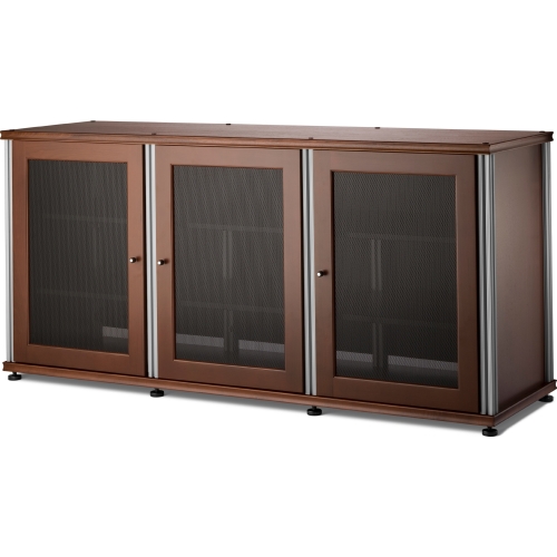 Synergy 337 Triple Width 65" AV Cabinet TV Stand in Walnut, Mesh Doors & Aluminum Frame