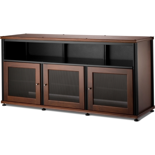 Synergy 339 Triple Width 65" AV Cabinet TV Stand in Walnut, Mesh Doors & Black Frame