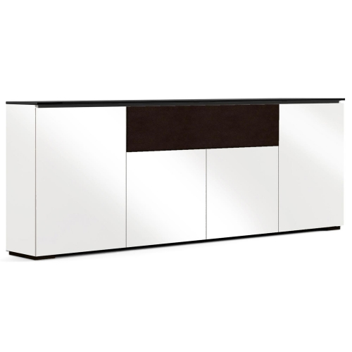 Miami 345 88" Low Profile Wall Cabinet TV Stand in Gloss Warm White with Black Top