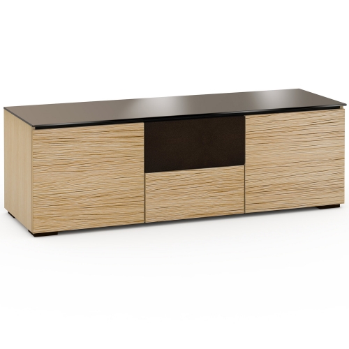 Denver 236 64" TV Stand AV Cabinet in Textured Natural Oak with Brown Glass Top