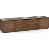 Denver 247 85" TV Stand Cabinet in Textured Medium Walnut w/ Chocolate Brown Glass Top