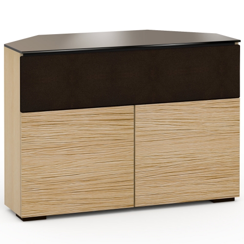 Denver 329CR 44" Corner TV Stand AV Cabinet in Textured Natural Oak with Brown Glass Top