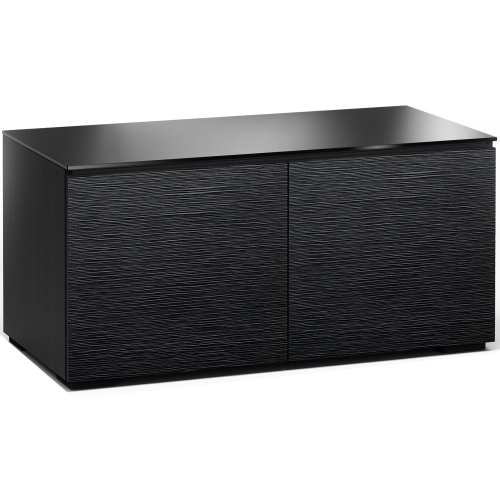 Chicago 221 44" TV Stand Cabinet in Textured Black Oak with Black Glass Top