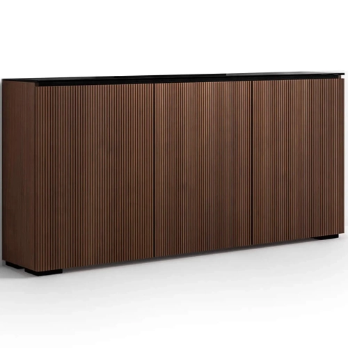 Manhattan 337 Low Profile Cabinet in Medium Walnut Finish & Black Glass