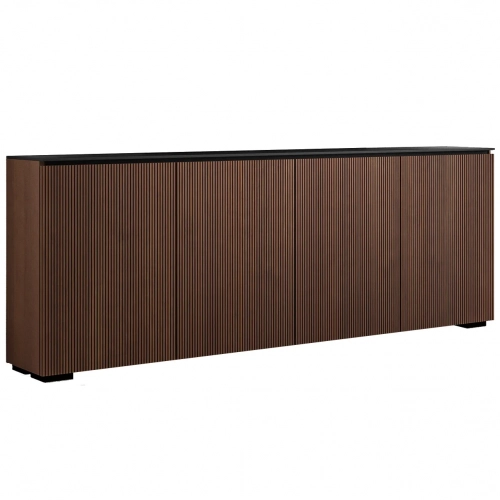 Manhattan 347 Low Profile Cabinet in Medium Walnut Finish & Black Glass