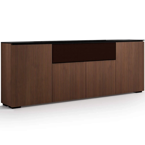 Manhattan 345 Low Profile Cabinet in Medium Walnut Finish & Black Glass