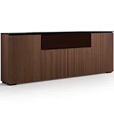 Manhattan 345 Low Profile Cabinet in Medium Walnut Finish & Black Glass