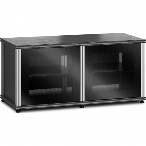 Synergy 221 Double Width 44" AV Cabinet TV Stand in Black Oak, Glass Doors & Aluminum Frame
