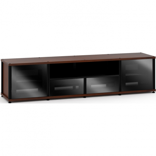 Synergy 243 Quad Width 87" AV Cabinet TV Stand in Walnut, Glass Doors & Black Frame