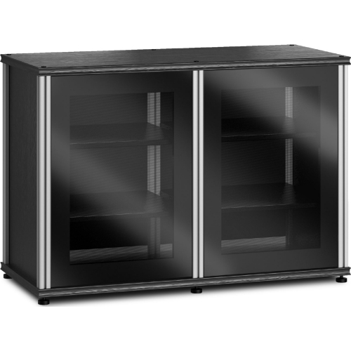 Synergy 323 Double Width 44" AV Cabinet TV Stand in Black Oak, Glass Doors & Aluminum Frame