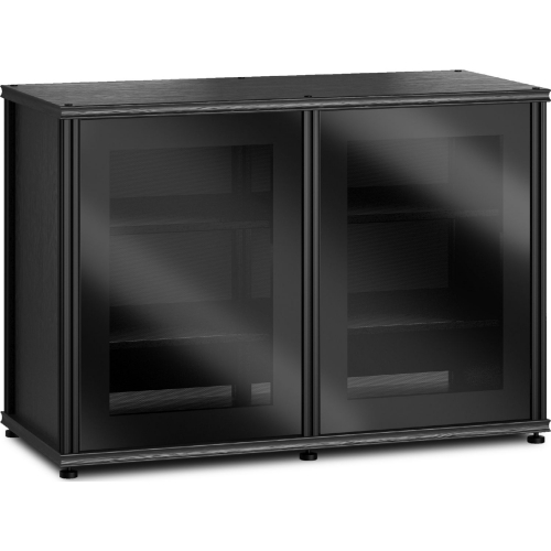 Synergy 323 Double Width 44" AV Cabinet TV Stand in Black Oak, Glass Doors & Black Frame