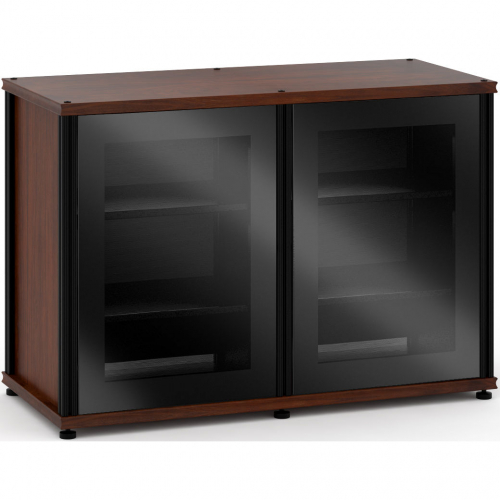 Synergy 323 Double Width 44" AV Cabinet TV Stand in Walnut, Glass Doors & Black Frame