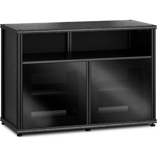 Synergy 329 Double Width 44" AV Cabinet TV Stand in Black Oak, Glass Doors & Black Frame