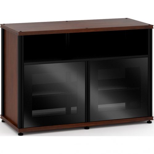 Synergy 329 Double Width 44" AV Cabinet TV Stand in Walnut, Glass Doors & Black Frame