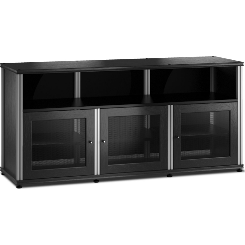 Synergy 339 Triple Width 65" AV Cabinet TV Stand in Black Oak, Mesh Doors & Aluminum Frame