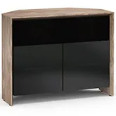 Barcelona 329CR 45" Corner TV Stand AV Cabinet in Natural Walnut with Black Glass