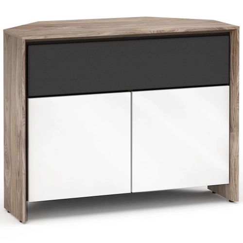 Barcelona 329CR 45" Corner TV Stand AV Cabinet in Natural Walnut with Gloss White Doors