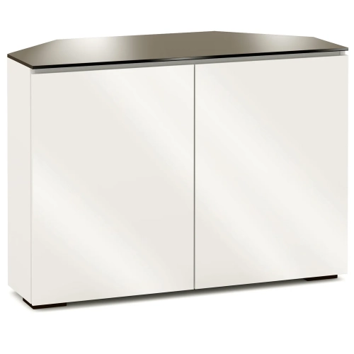 Miami 323CR 44" Corner TV Stand AV Cabinet in Gloss Warm White with Black Glass Top