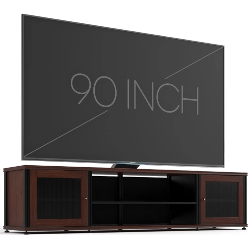 Synergy 248 Quad Width 87" AV Cabinet TV Stand in Walnut, Mesh Doors & Black Frame