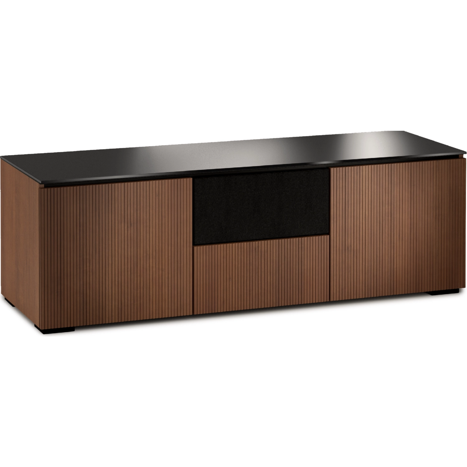 Salamander Manhattan walnut media cabinet with black glass top