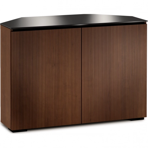 Manhattan 323CR 44" Corner TV Stand AV Cabinet in Medium Walnut with Black Glass Top
