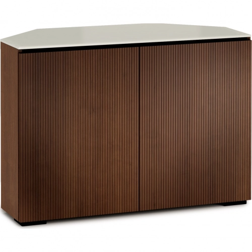 Manhattan 323CR 44" Corner TV Stand AV Cabinet in Medium Walnut with Matte Taupe Glass Top