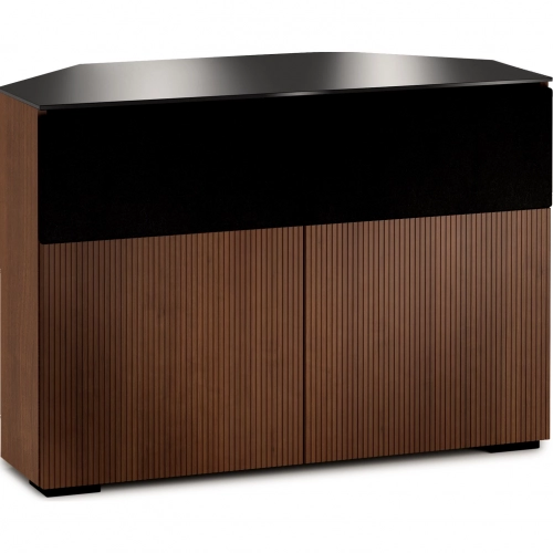 Manhattan 329 Corner TV Stand AV Cabinet in Medium Walnut with Black Glass Top