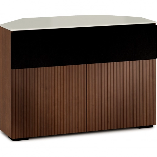 Manhattan 329 Corner TV Stand AV Cabinet in Medium Walnut with Matte Taupe Glass Top