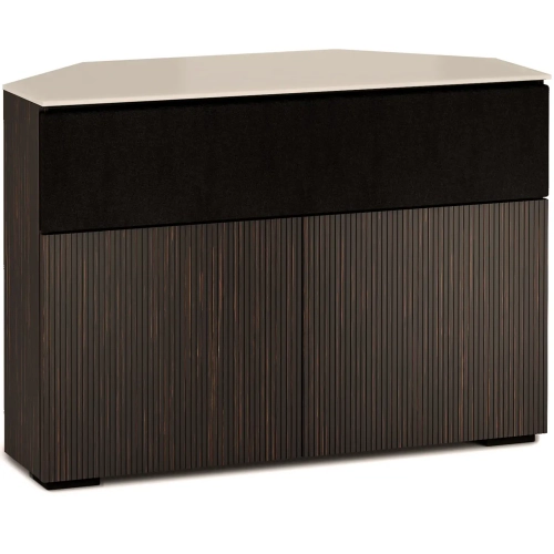 Manhattan 329 Corner TV Stand AV Cabinet in Maro Ebony with Matte Taupe Glass Top