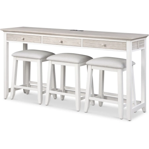 Islamorada Console Table & 3 Stools Set in White Wood & Grey Performance Fabric