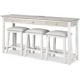 Islamorada Console Table & 3 Stools Set in White Wood & Grey Performance Fabric