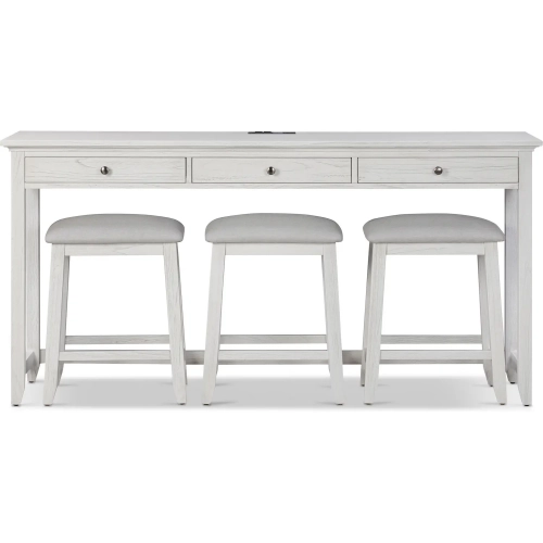 Surfside Console Table & 3 Stools Set in Weathered White Wood & Grey Fabric