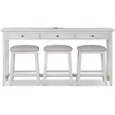 Surfside Console Table & 3 Stools Set in Weathered White Wood & Grey Fabric