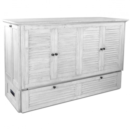 Surfside Queen Murphy Bed Cabinet w/ Memory Foam Mattress in Weathered White Wood