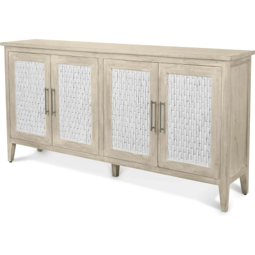 Tahiti 4 Door Credenza in Coastal White & Aged Ivory Wood & Water Hyacinth