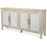 Tahiti 4 Door Credenza in Coastal White & Aged Ivory Wood & Water Hyacinth