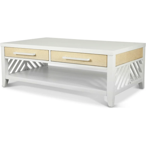 Miramar 2 Drawer Castered Coffee Table in Sand Weave & White Wood