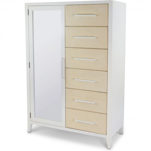 Miramar Mirrored Door Chest in Sand Weave & White Wood