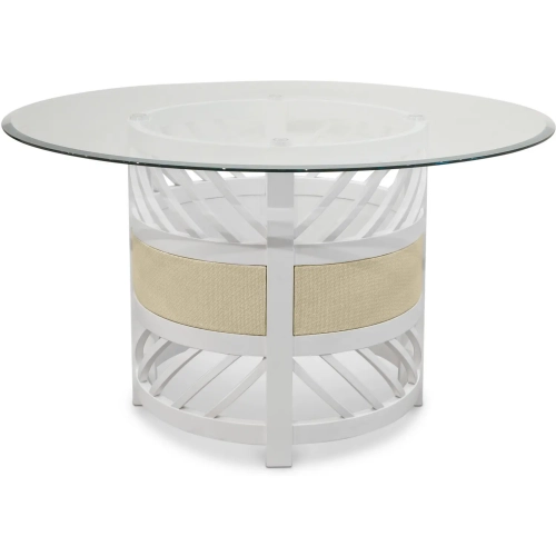 Miramar 54" Round Dining Table in Glass, Sand Weave & White Wood