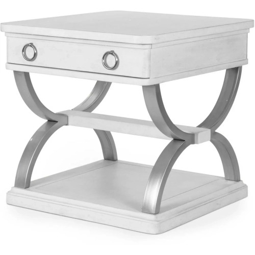 Point Breeze 1 Drawer End Table in Soft Grey Glazed White Wood & Metal