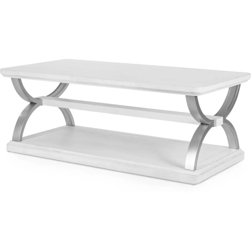 Point Breeze Castered Coffee Table in Soft Gray Glazed White Wood & Metal