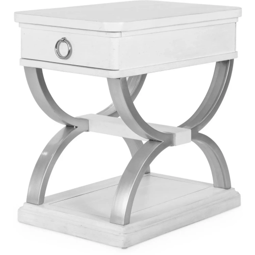 Point Breeze 1 Drawer Chair Side End Table in Soft Grey Glazed White Wood & Metal