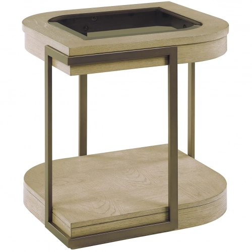 Rio Vista End Table in Tan Wood, Bronze Metal & Tempered Smoke Glass