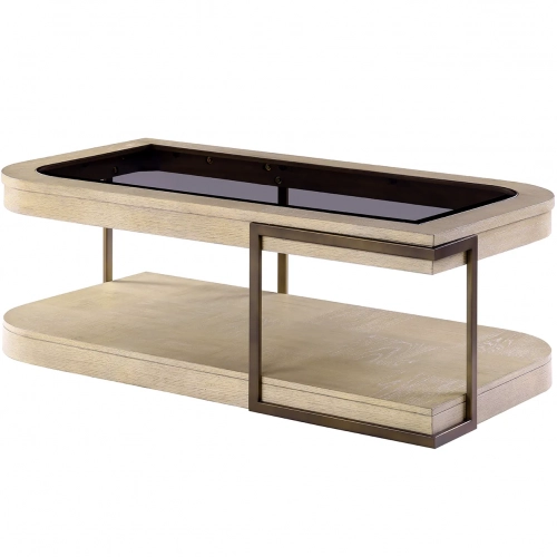 Rio Vista Coffee Cocktail Table w/ Casters in Tan Wood, Bronze Metal & Tempered Smoke Glass