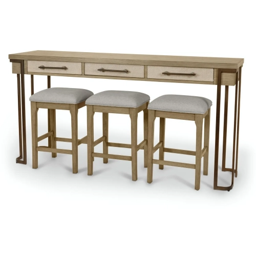 Rio Vista Console & 3 Stools Set in Wood, Metal & Grey Performance Fabric