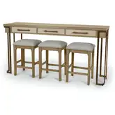 Rio Vista Console & 3 Stools Set in Wood, Metal & Grey Performance Fabric