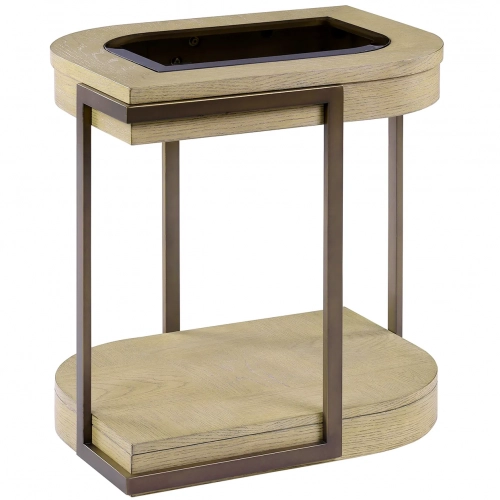 Rio Vista Side Table in Tan Wood, Bronze Metal & Tempered Smoke Glass