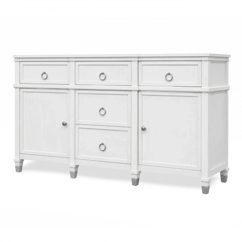 Point Breeze 68" Credenza in Soft Grey Glazed White Wood & Silver