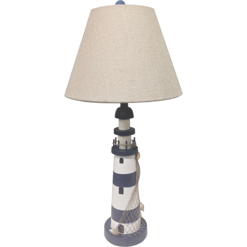 Lighthouse 30"H Table Lamp with USB in Blue & White Poly (Set of 2)